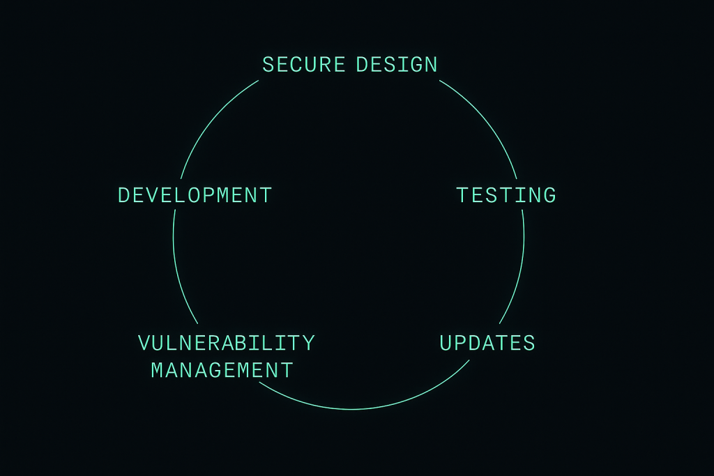Lifecycle diagram illustrating secure design, development, testing, updates, and vulnerability management under CRA Annex I