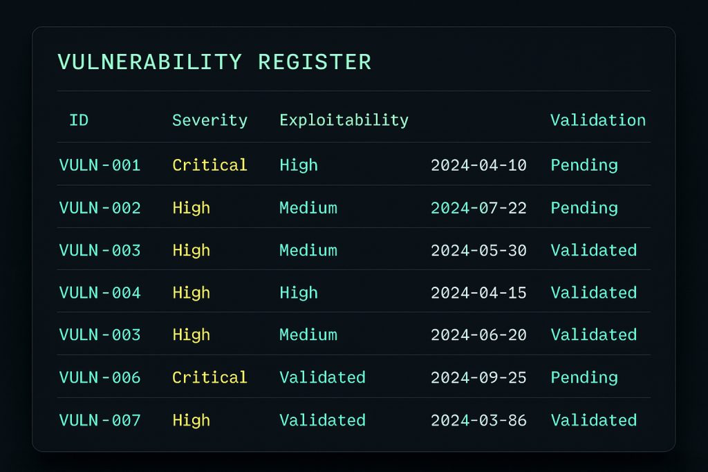 Example of a vulnerability register required under CRA Annex VII.