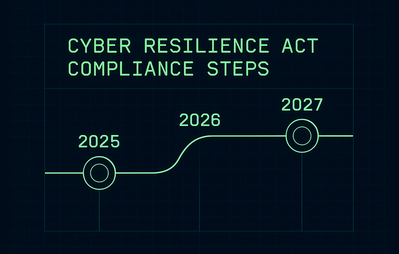 Roadmap illustration showing Cyber Resilience Act compliance milestones from 2025 to 2027