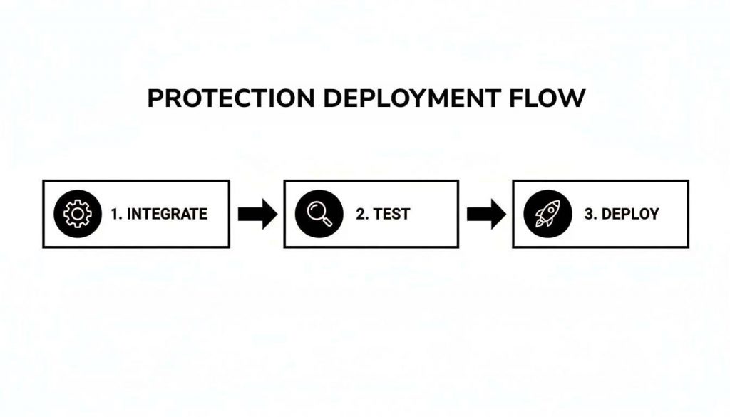 A diagram illustrating a three-step protection deployment flow: integrate, test, and deploy.