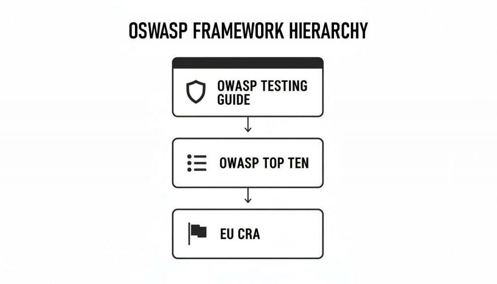 Diagram illustrating the OWASP framework hierarchy: Testing Guide, Top Ten, and EU CRA in a vertical flow.