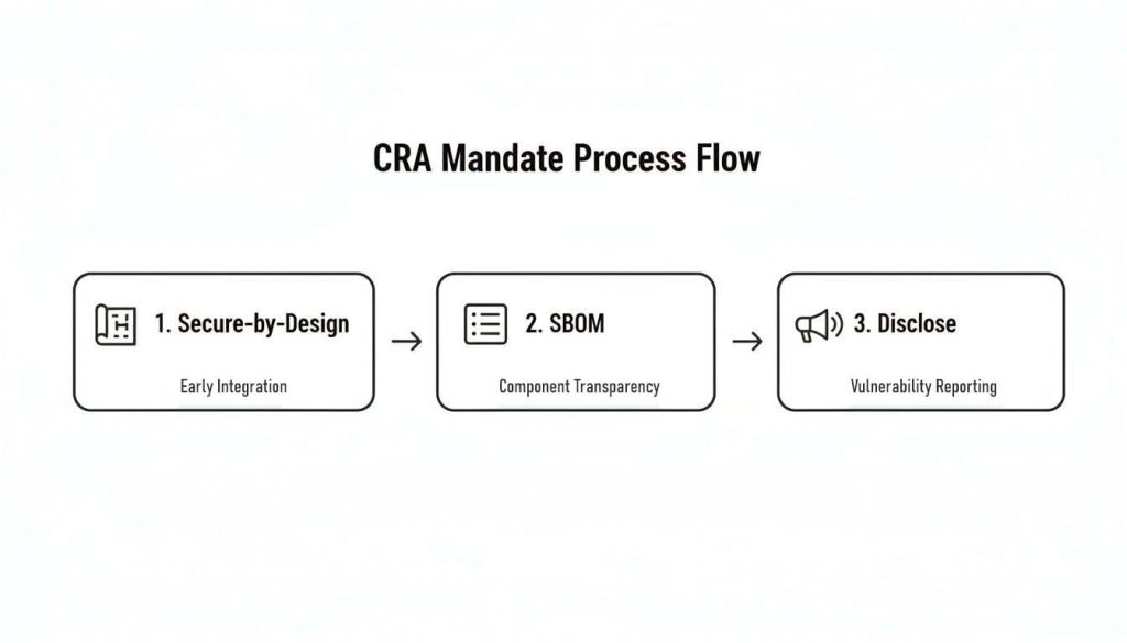 Flowchart illustrating the CRA Mandate Process steps: Secure-by-Design, SBOM, and Disclose.