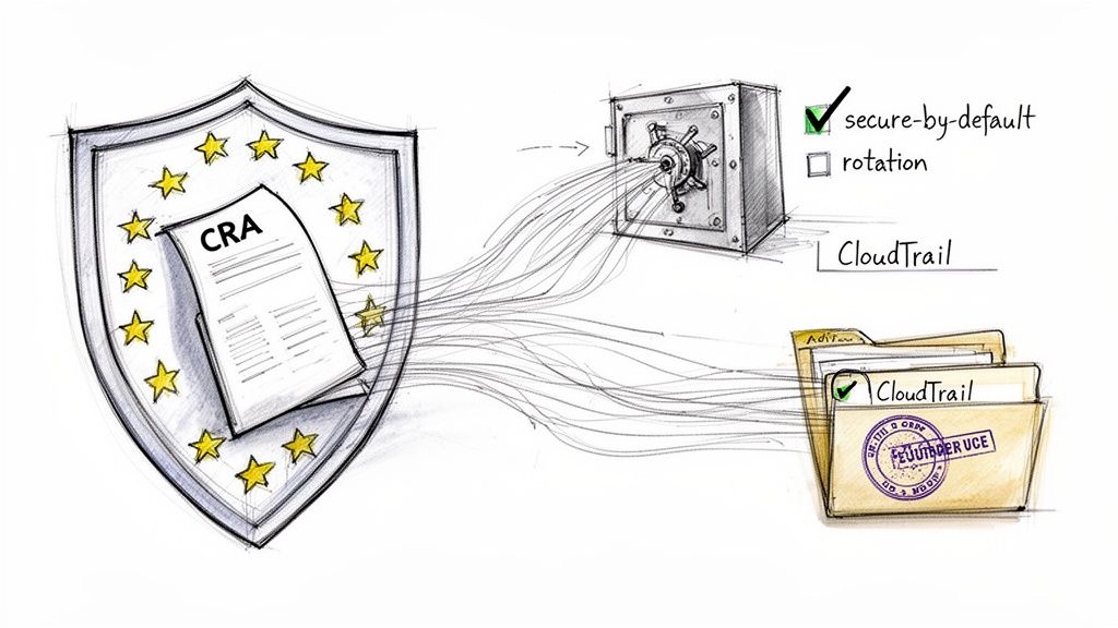 CRA compliance shown with EU shield, data into secure vault, and CloudTrail for secure-by-default logging.