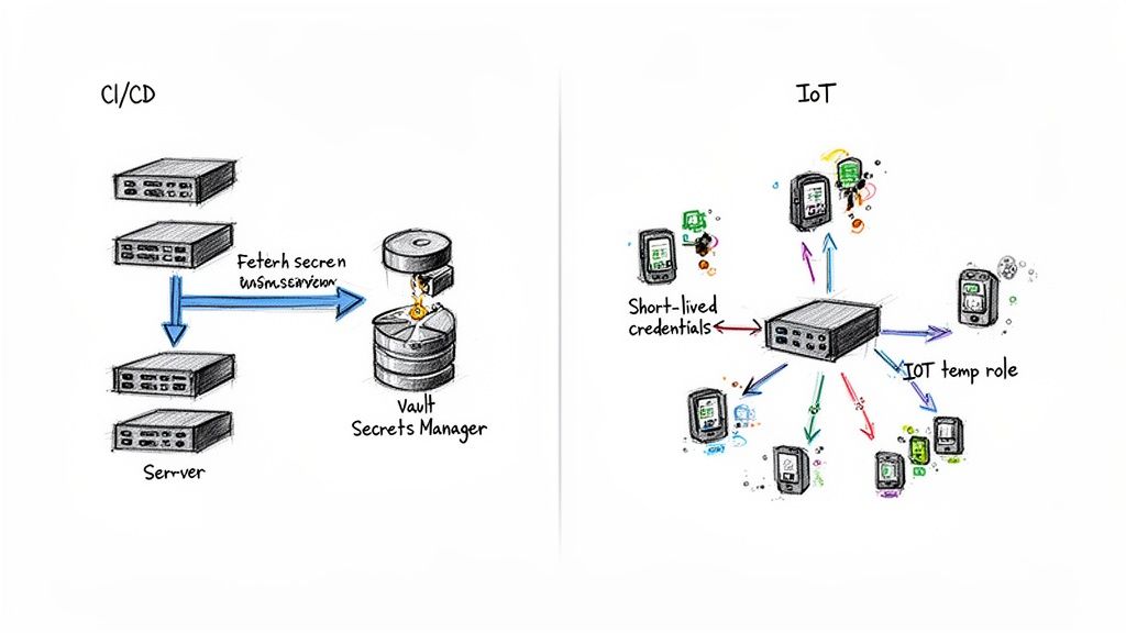 Diagram showing secret management for CI/CD servers fetching secrets and IoT devices using temporary credentials.
