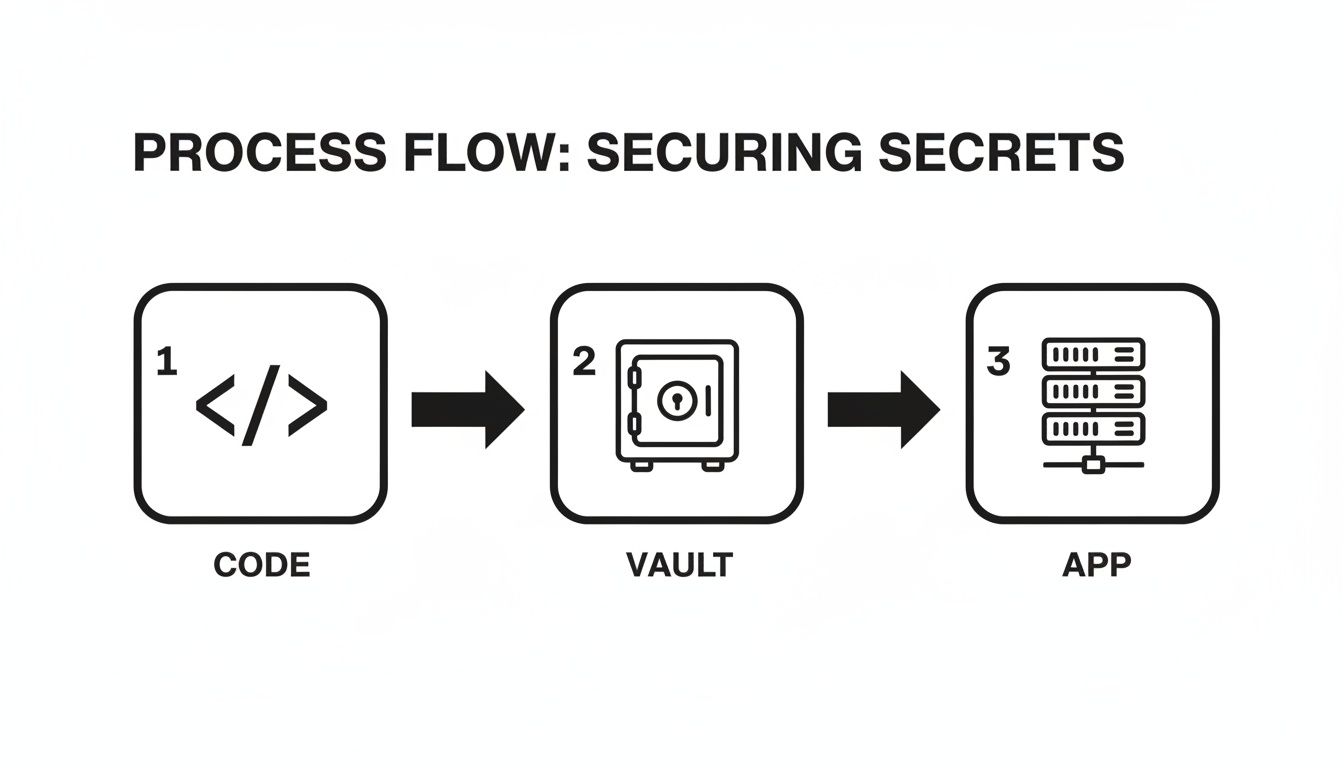 A process flow diagram illustrating securing secrets from code, to a vault, then to an application.