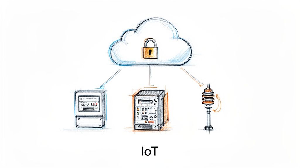 Sketch illustrating secure IoT cloud connectivity for industrial devices like smart meters and insulators.
