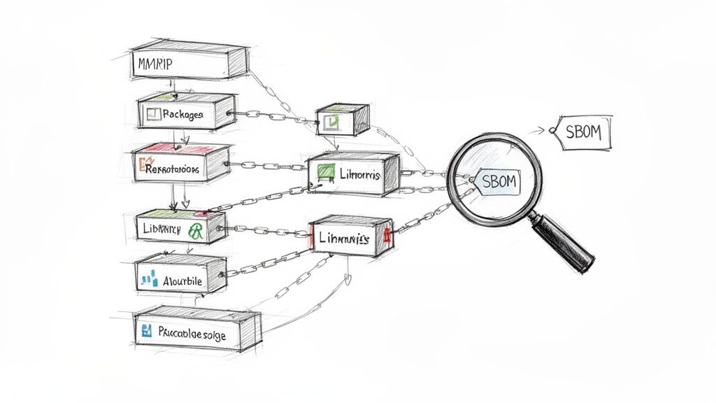 Diagram showing a dependency chain of software components linked to an SBOM, highlighted by a magnifying glass.