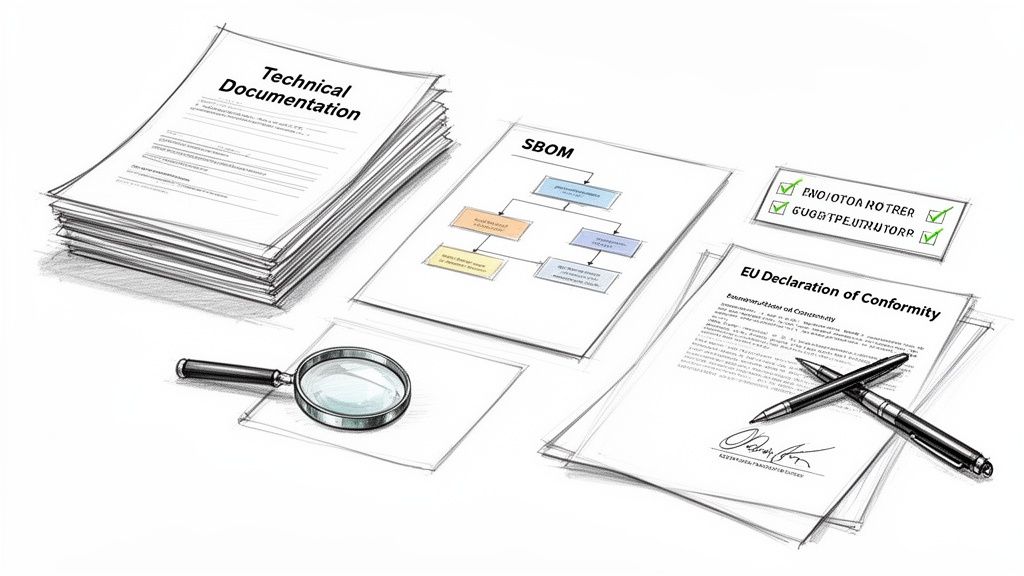An illustration of compliance documents, including Technical Documentation, SBOM, EU Declaration, and a magnifying glass.