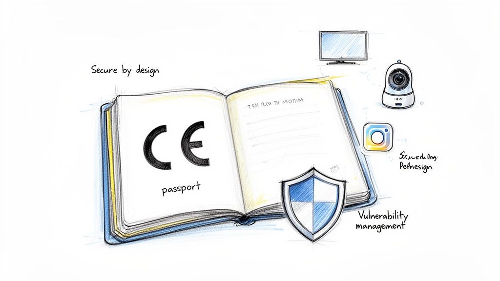 Sketch of an open book with CE passport, secure design, vulnerability management, and smart devices.
