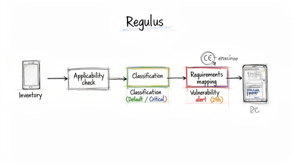 A detailed flowchart illustrating the Regulus process from inventory and checks to requirements mapping and data visualization.