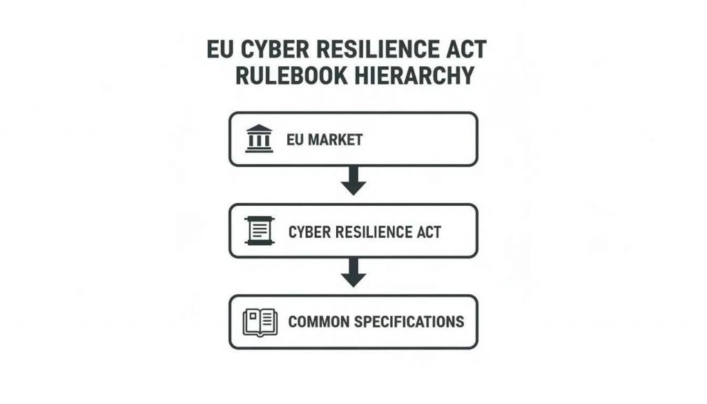 Diagram illustrating the EU Cyber Resilience Act rulebook hierarchy, from EU Market down to Common Specifications.