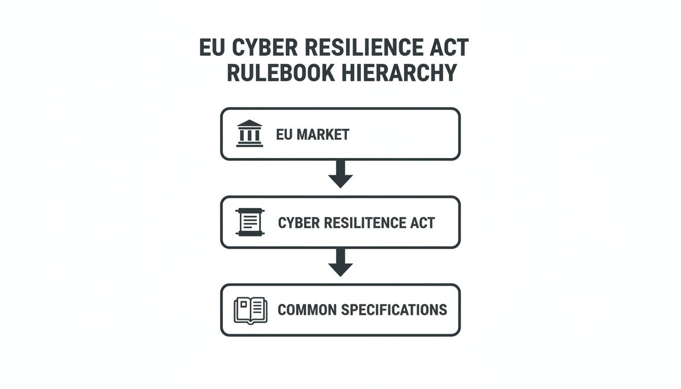 Diagram illustrating the EU Cyber Resilience Act rulebook hierarchy, from EU Market down to Common Specifications.