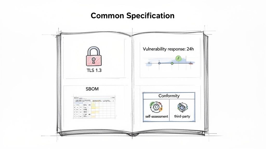 An open book titled 'Common Specification' detailing TLS 1.3, vulnerability response, SBOM, and conformity assessments.