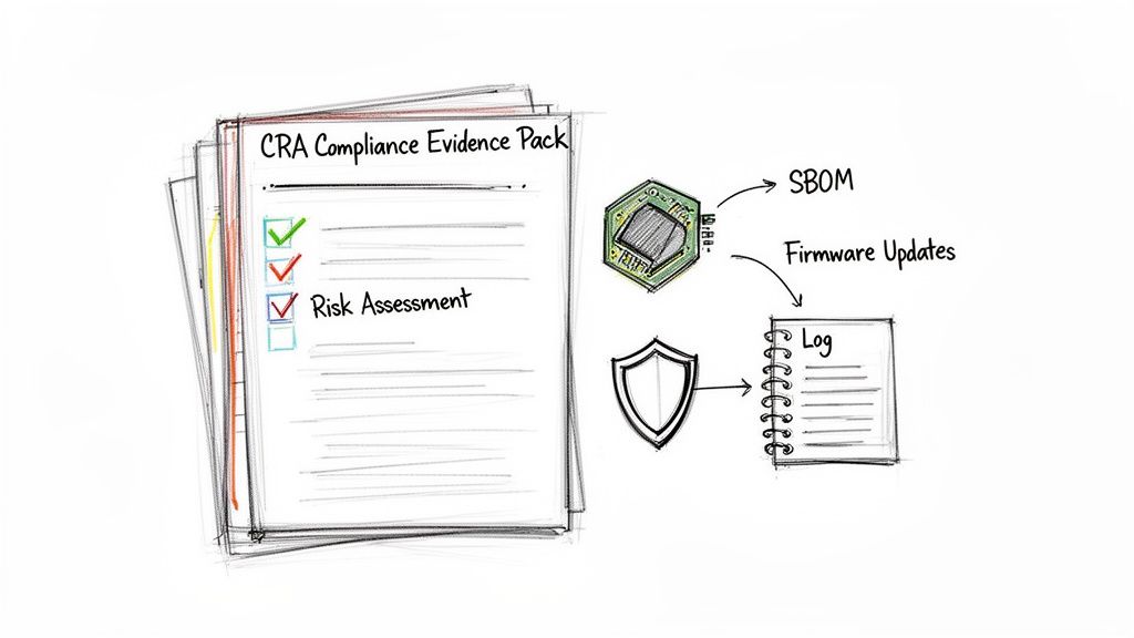 Diagram showing CRA Compliance Evidence Pack, including risk assessment, SBOM, firmware updates, and log.
