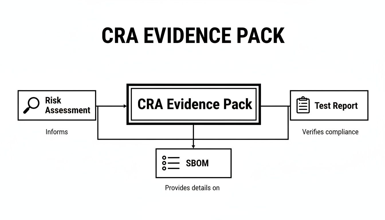 Flowchart illustrating the CRA Evidence Pack process, connecting risk assessment, test reports, and SBOM.