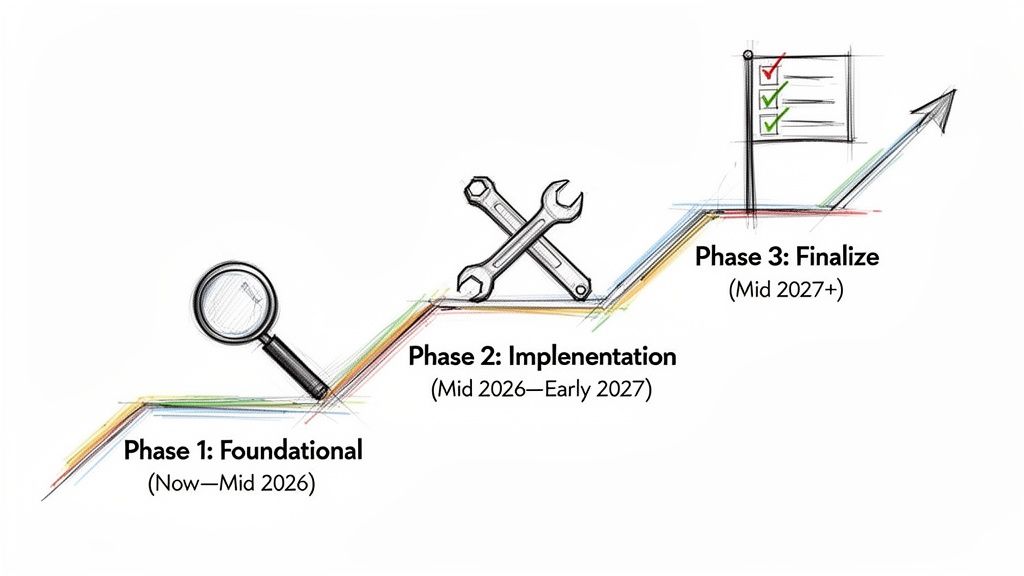 A three-phase project timeline: Foundational (magnifying glass), Implementation (tools), and Finalize (checklist and arrow).