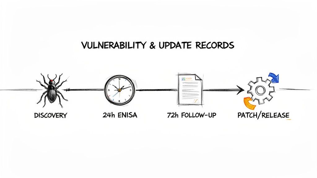 Timeline for vulnerability management from discovery to patch release, including ENISA and follow-up steps.