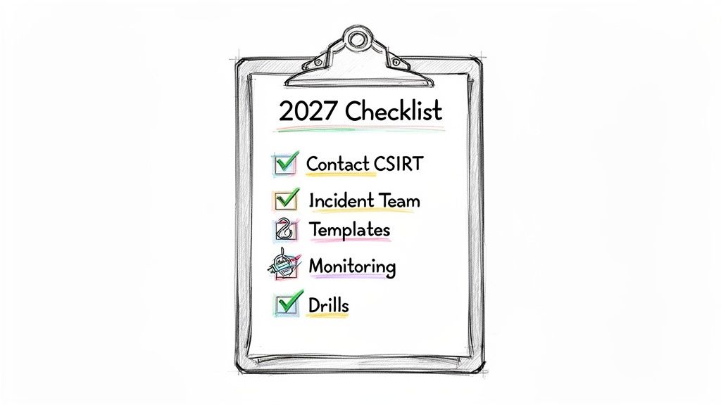 A hand-drawn clipboard displays the "2027 Checklist" with most items checked, except for Templates and Monitoring.