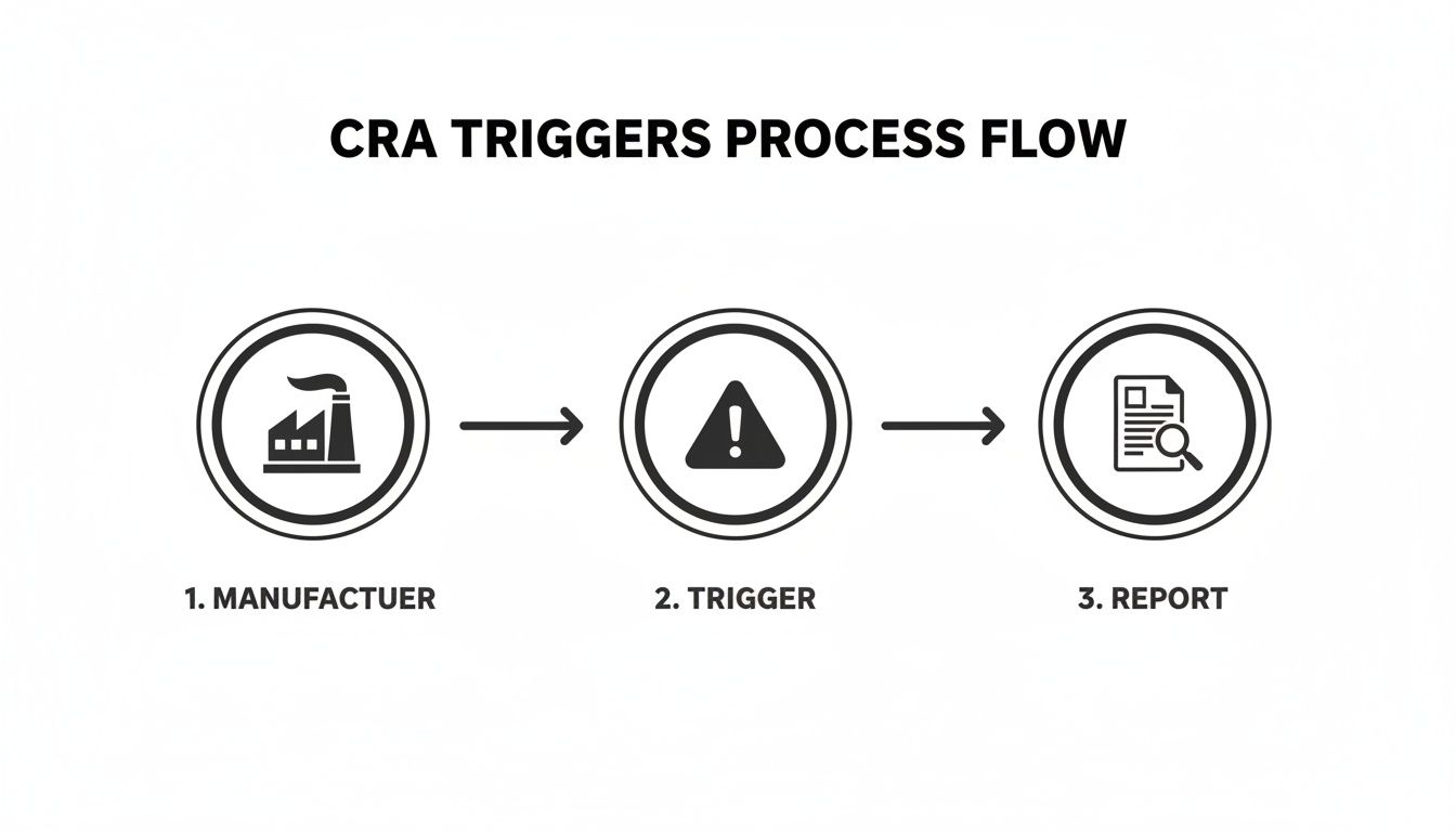A process flow diagram illustrating CRA triggers from manufacturer to trigger event and final report.