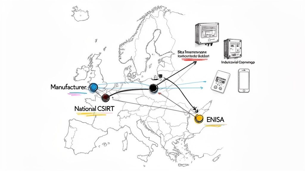European map illustrating cybersecurity reporting pathways between manufacturers, CSIRTs, ENISA, and devices.