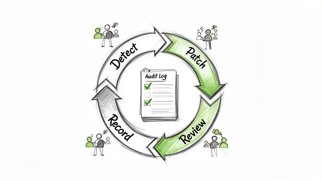 A continuous security cycle diagram showing Detect, Patch, Review, and Record phases around an Audit Log.