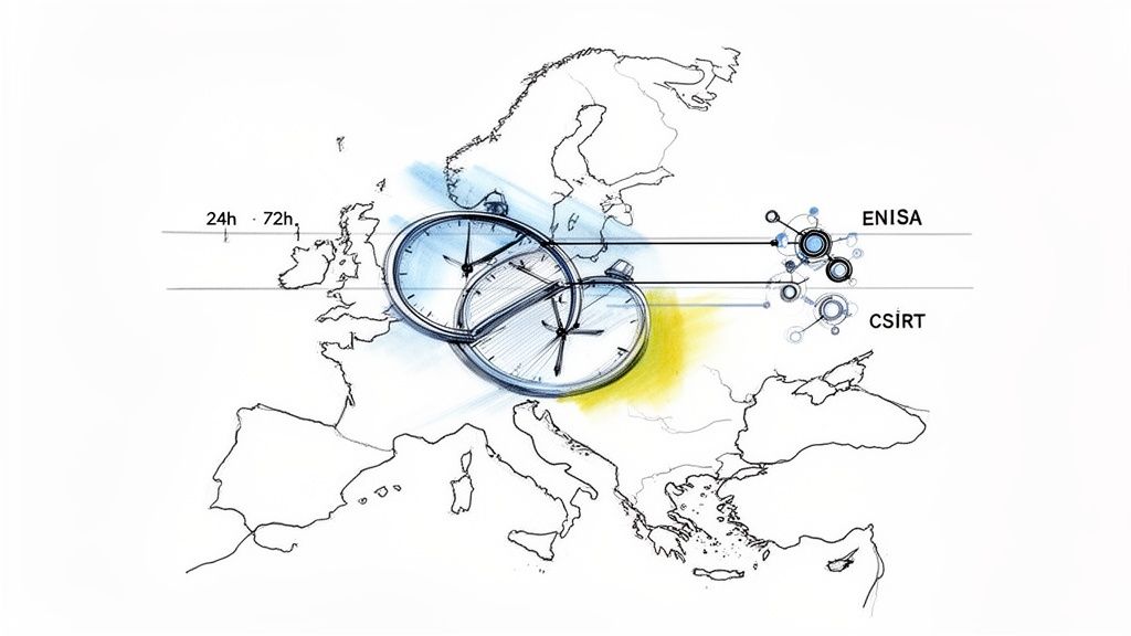 Sketch of Europe map with clocks, showing 24h, 72h timeline, connecting ENISA and CSIRT.