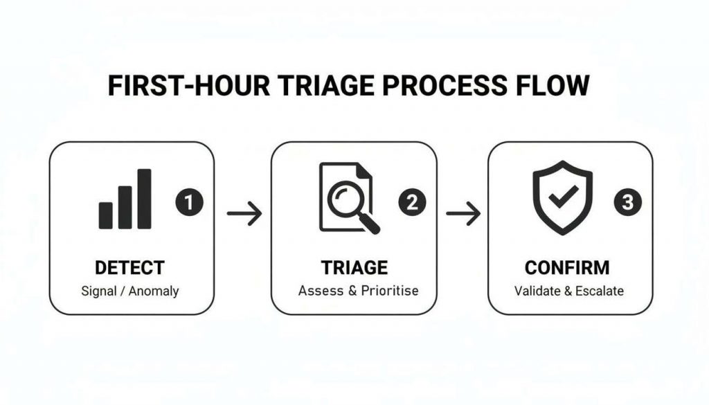A workflow diagram detailing the First-Hour Triage Process: Detect, Triage, Confirm.
