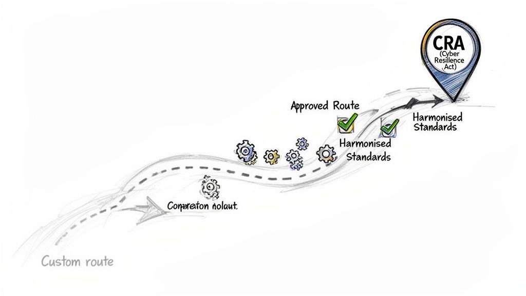 Infographic illustrating paths to CRA (Cyber Resilience Act) compliance: approved standards and custom routes.