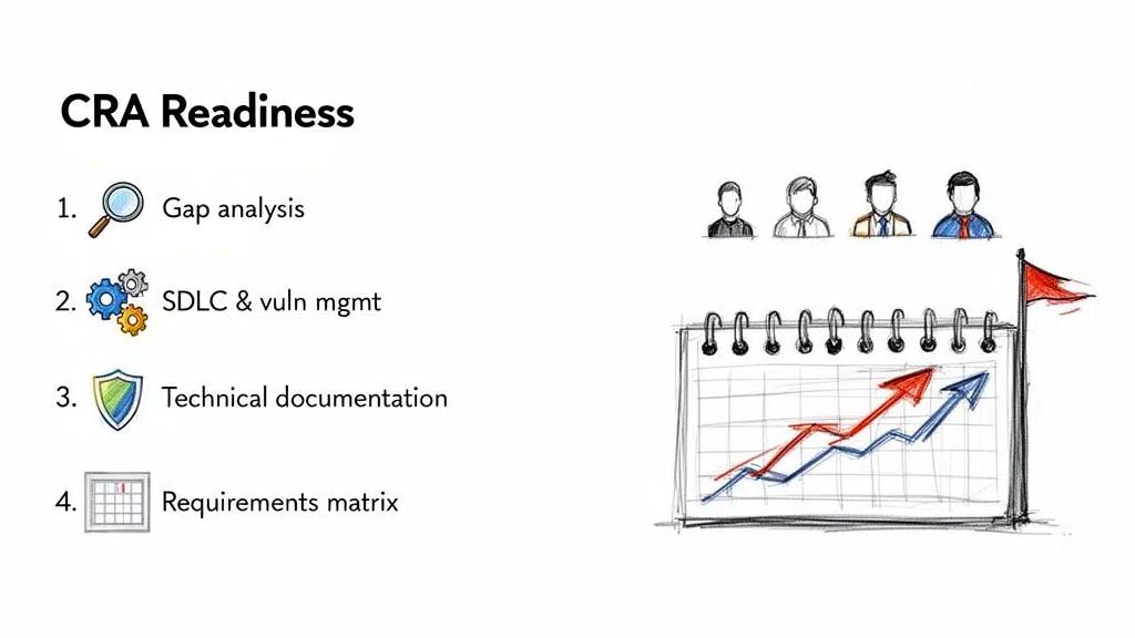A slide titled 'CRA Readiness' with a list of preparatory steps and hand-drawn business planning illustrations.
