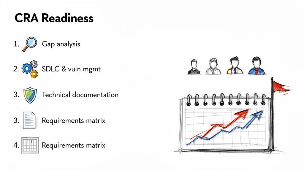 A slide titled 'CRA Readiness' with a list of preparatory steps and hand-drawn business planning illustrations.