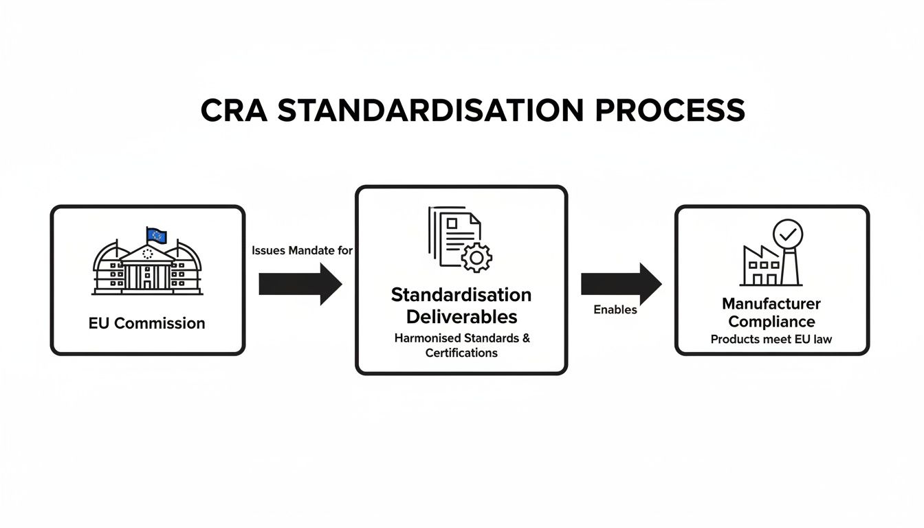 Diagram illustrating the CRA standardisation process: EU Commission mandates harmonised standards, enabling manufacturer compliance.