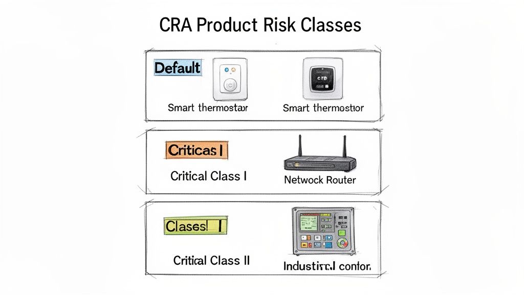 Diagram showing CRA Product Risk Classes, categorizing devices like smart thermostats, routers, and industrial controllers.