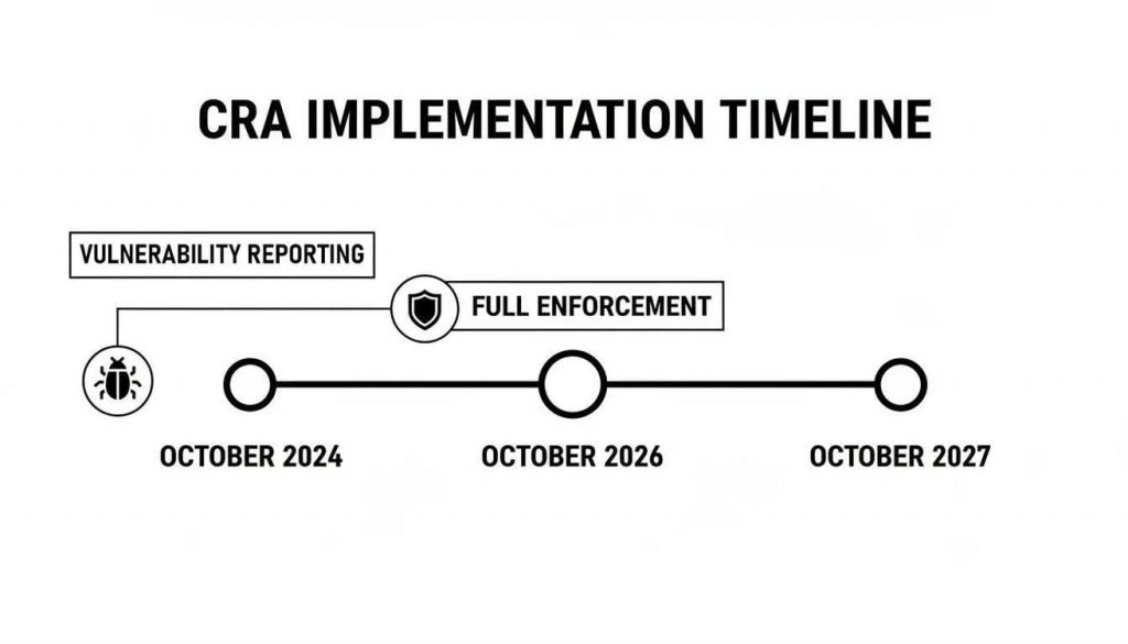CRA implementation timeline showing vulnerability reporting starts October 2024, full enforcement by October 2026.