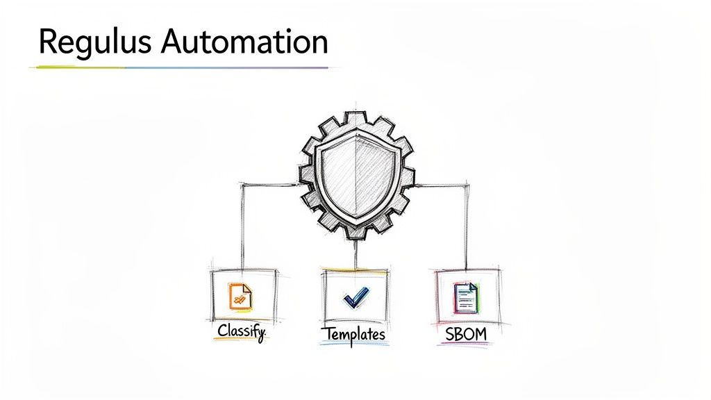 Regulus Automation diagram showing a central gear-shield leading to classify, templates, and SBOM outputs.
