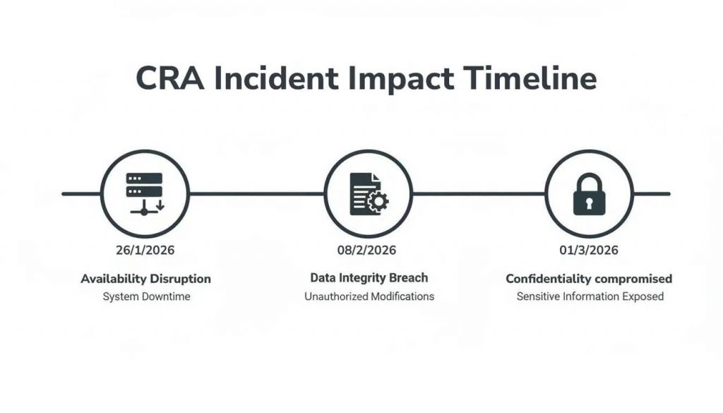 A timeline showing the CRA Incident Impact with availability disruption, data integrity breach, and confidentiality compromise.