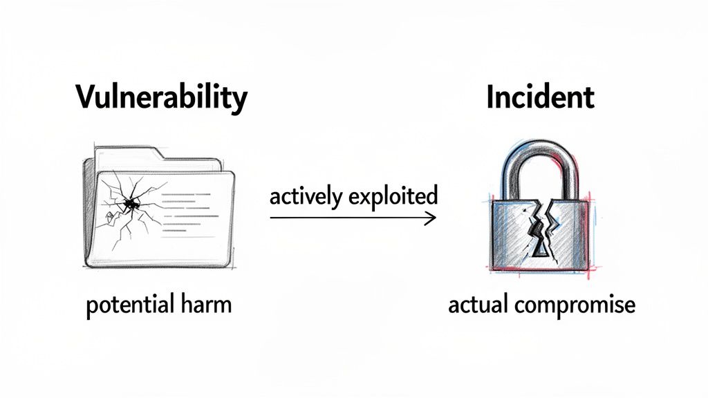 A diagram illustrates vulnerability (cracked folder, potential harm) leading to an incident (broken padlock, actual compromise) when actively exploited.