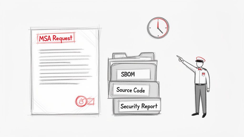 An MSA request document, security reports, source code, SBOM files, and a clock, with a person pointing, illustrate a compliance process.