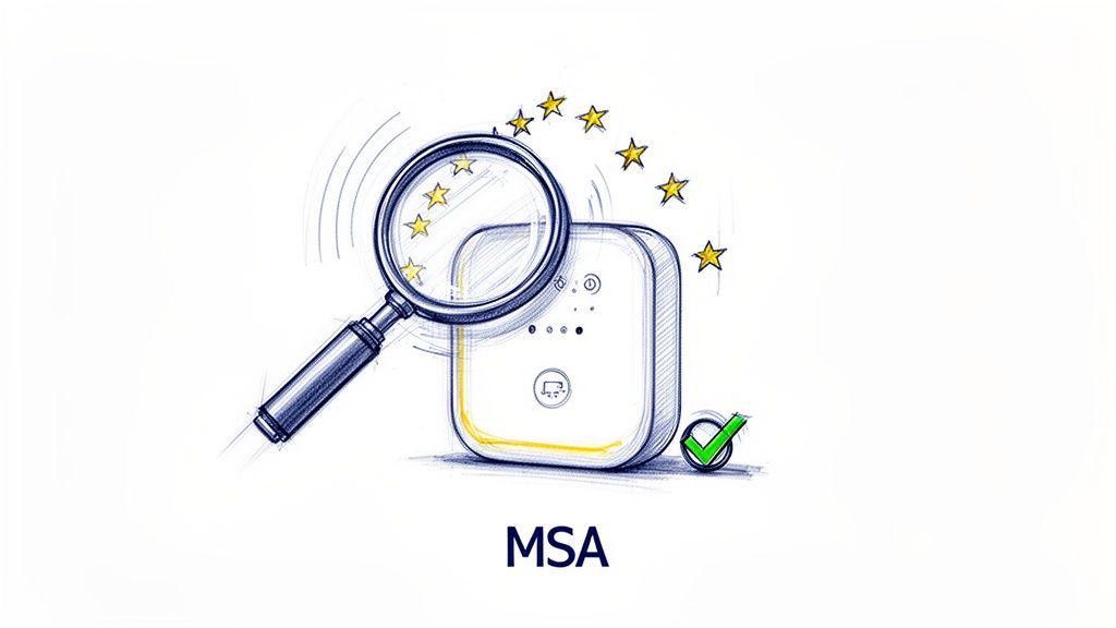 Illustration of a magnifying glass examining a device, surrounded by EU stars and a checkmark, with MSA text.