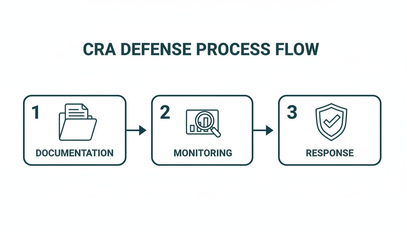 A CRA Defense Process Flow diagram illustrating three steps: Documentation, Monitoring, and Response.