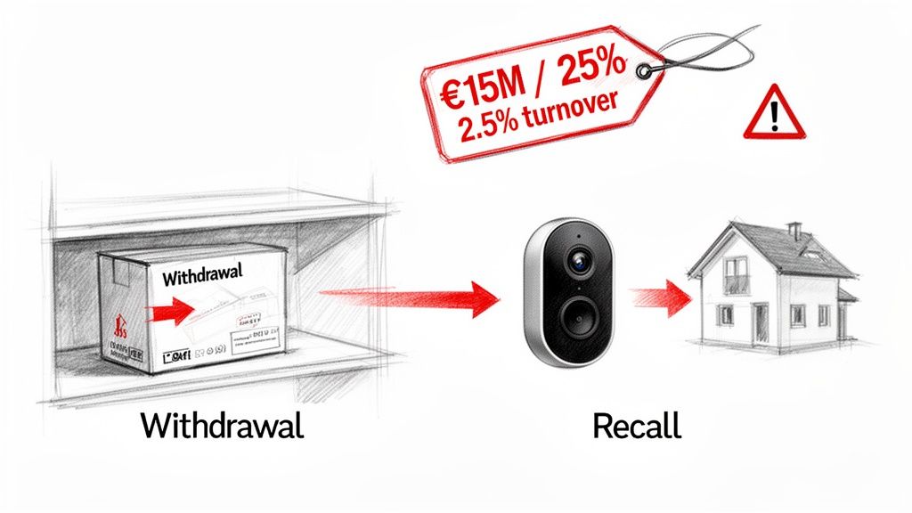 Diagram illustrates product withdrawal from a shelf, a camera, and recall from a house, with a financial warning tag.