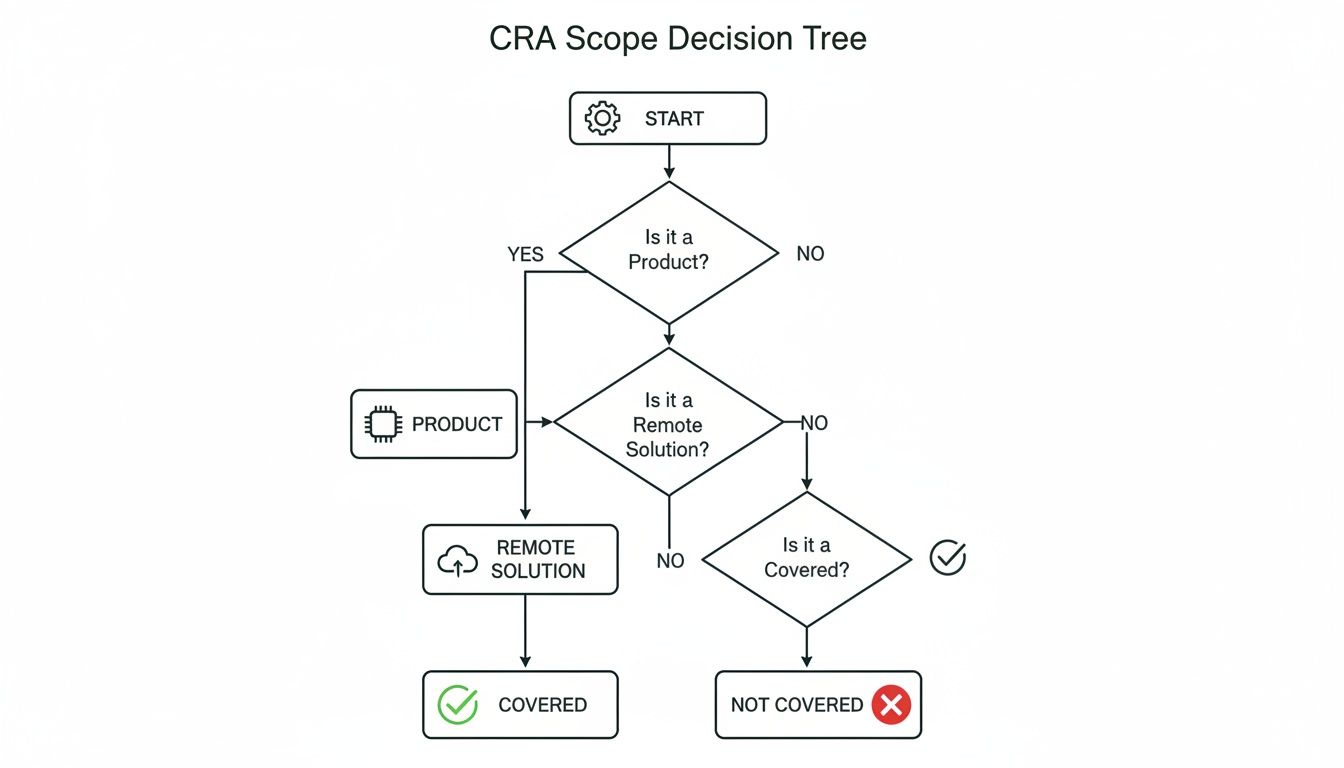 Flowchart illustrating the CRA scope decision process for products and remote solutions.