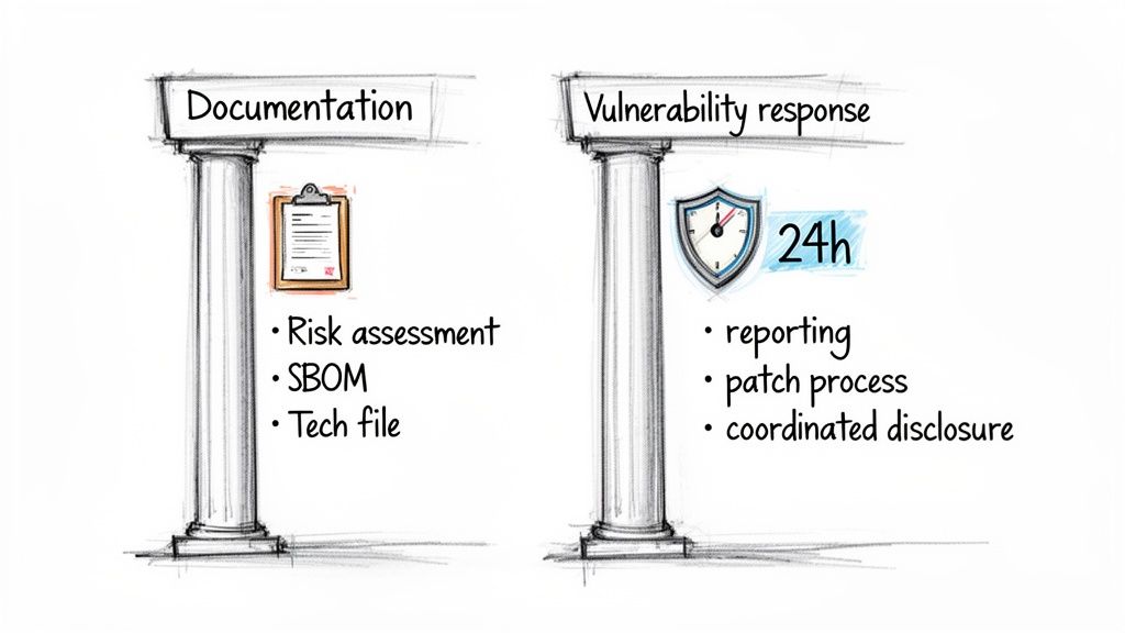 Two pillars illustrate key cybersecurity elements: Documentation (risk assessment, SBOM, tech file) and 24h Vulnerability Response.