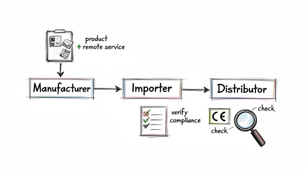 Diagram showing the product supply chain from manufacturer to importer and distributor, with compliance checks.