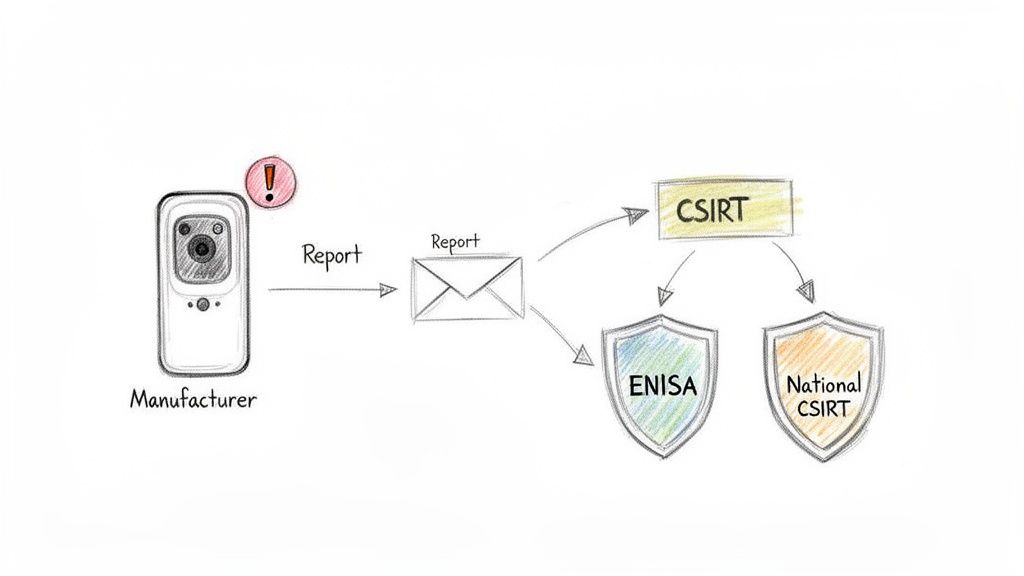 Diagram showing a manufacturer reporting a security incident via email to CSIRT, ENISA, and National CSIRT.