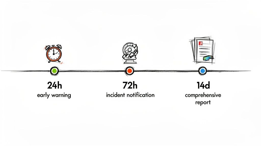 A timeline illustrating 24h early warning, 72h incident notification, and 14d comprehensive report.