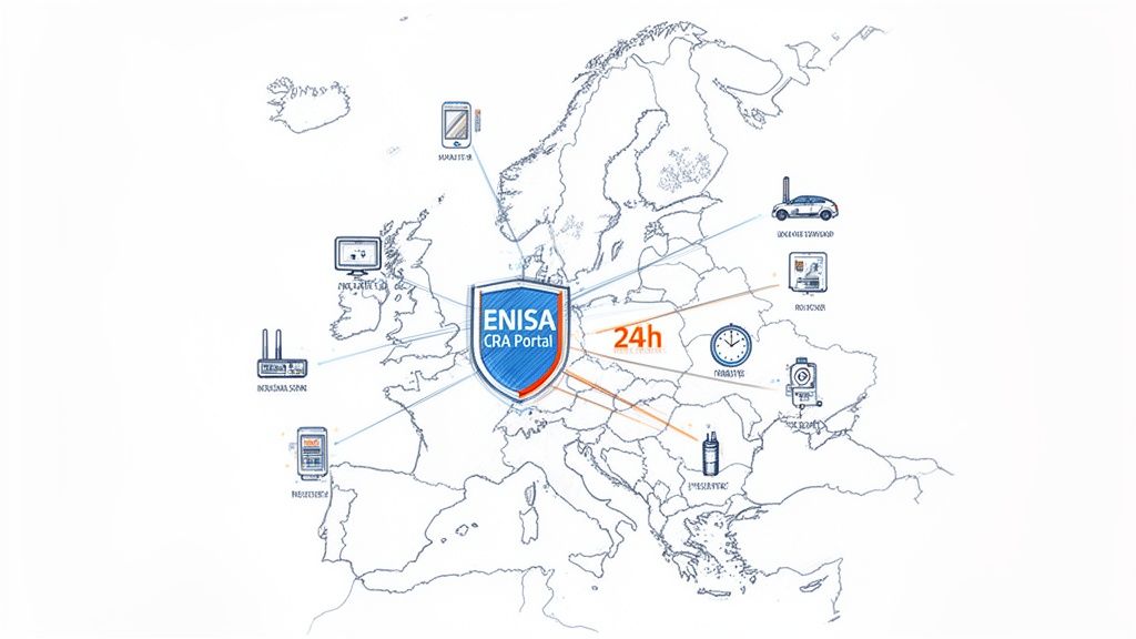 Map of Europe showing ENISA CRA Portal connecting various devices, industries, and systems 24/7.