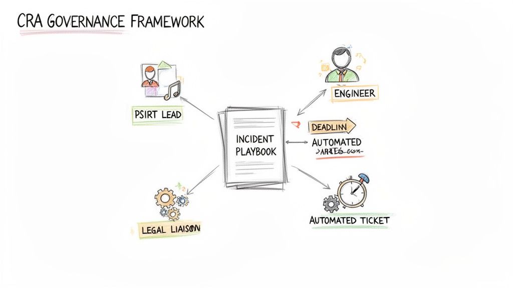 Diagram illustrating the CRA Governance Framework with an Incident Playbook central to roles and automated processes.