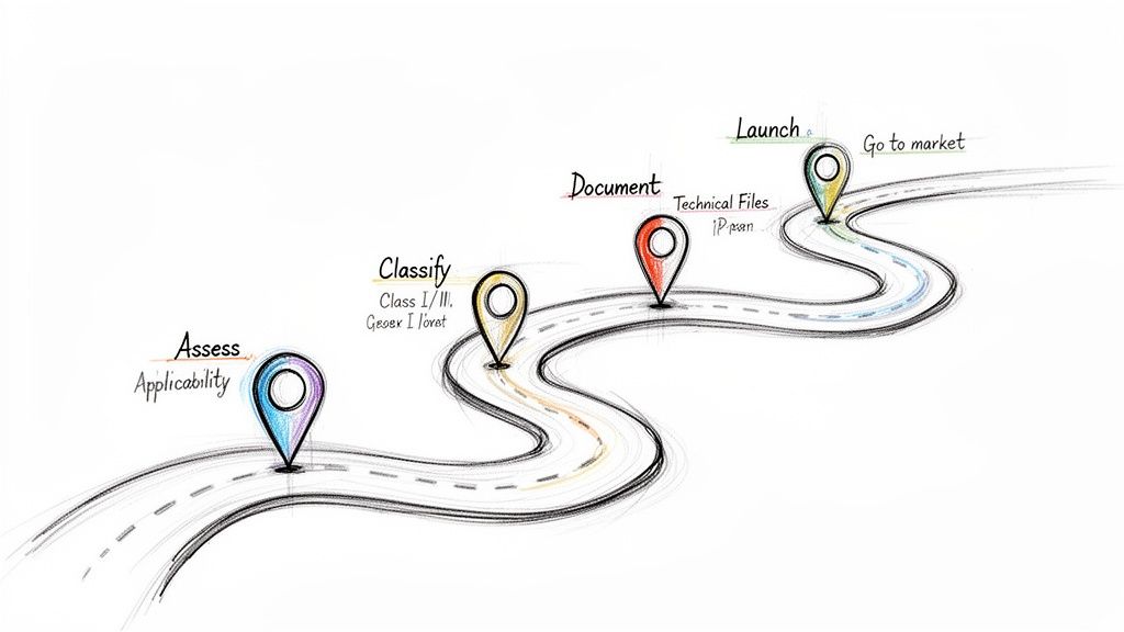A colorful process roadmap with four pins indicating steps: Assess, Classify, Document, and Launch.