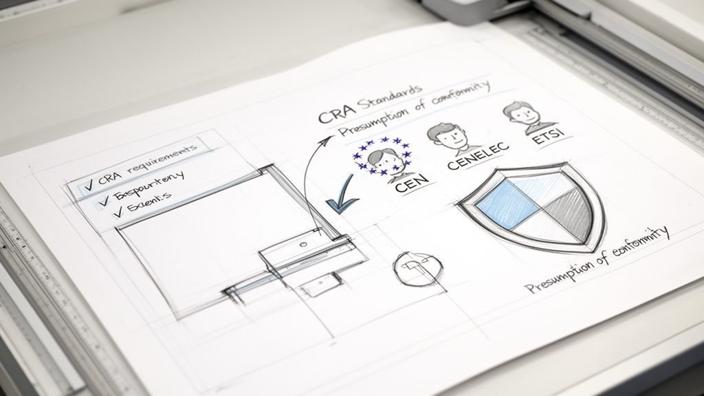 Hand-drawn diagram on CRA standards, presumption of conformity, with CEN, CENELEC, ETSI, and a shield.