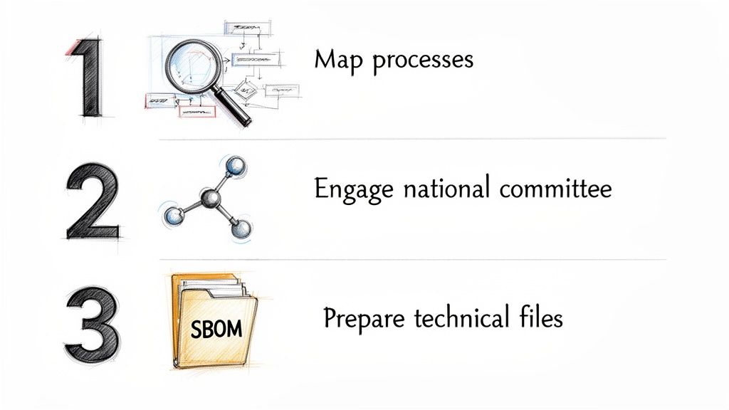 A three-step diagram outlining processes: map processes, engage national committee, and prepare technical files.